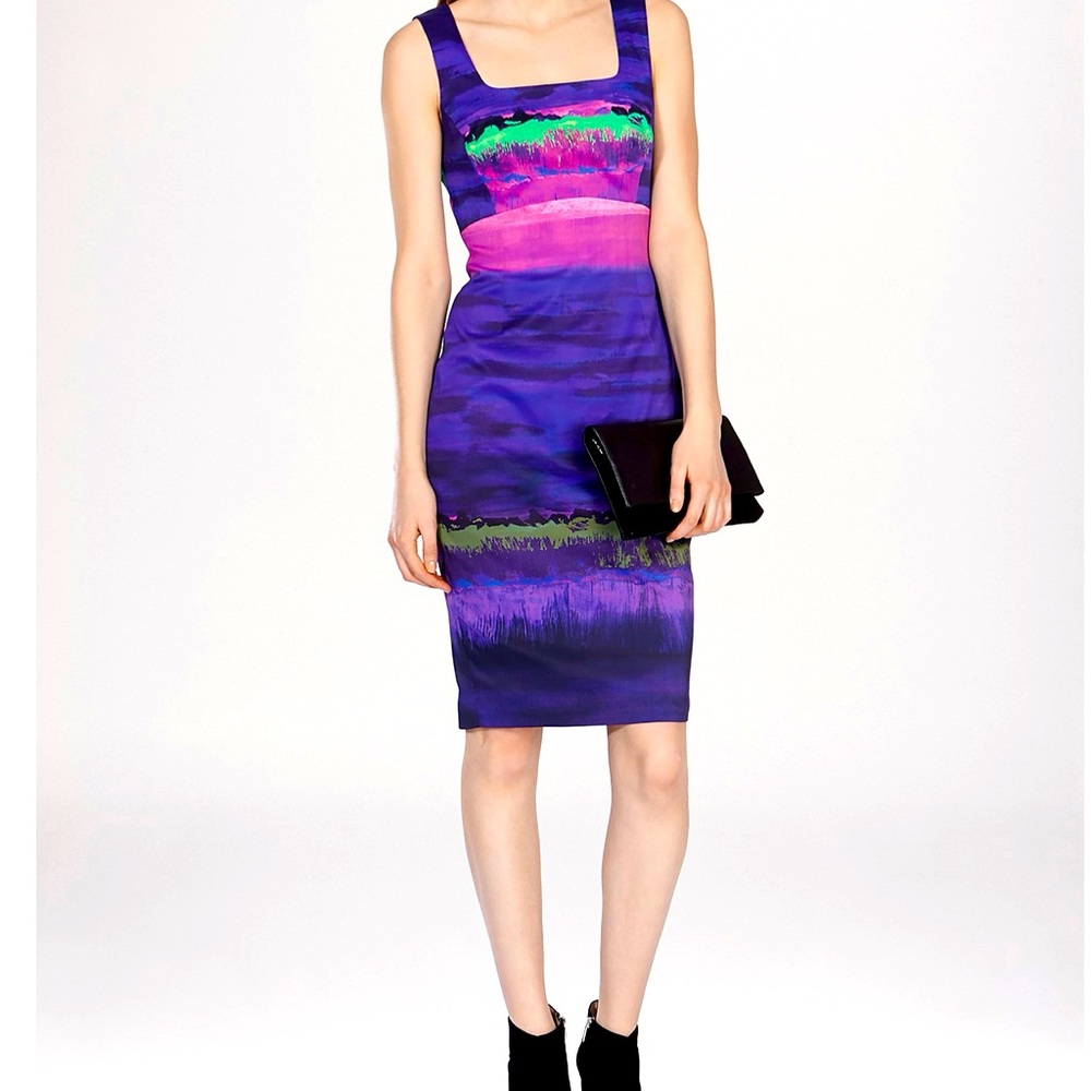 Karen Millen Purple Green Watercolor Print Lined Bodycon Dress US-6 UK-10